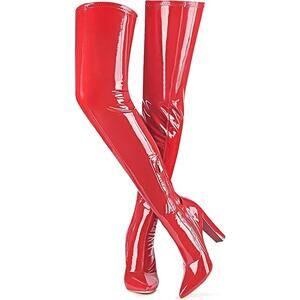 Wsheliu Womens Size 6.5 Shiny Red Thigh High 4" Heel Size Zip Boots Shoes